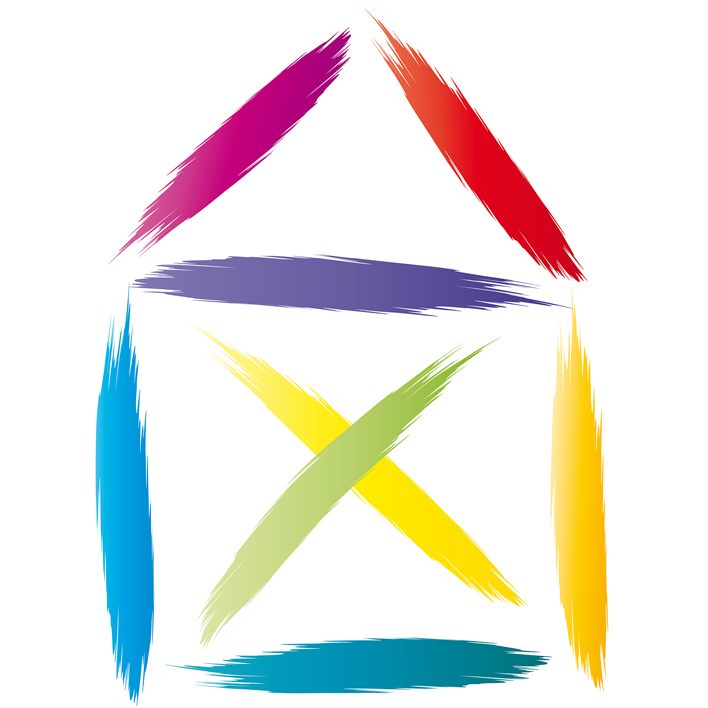 Symbol eines Strichhauses, in der Mitte ein Kreuz. Jeder Strich in einer anderen Farbe. Symbilsiert Kreativität.