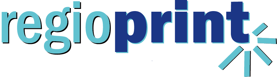 Logo von regioprint in blau und türkis auf weißem Hintergrund